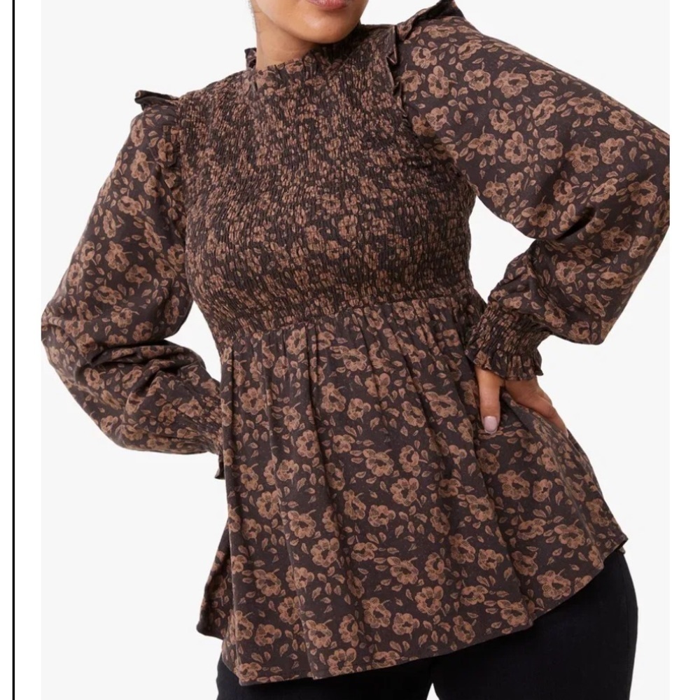 Fat Face Brown Tally Floral Smocked Blouse